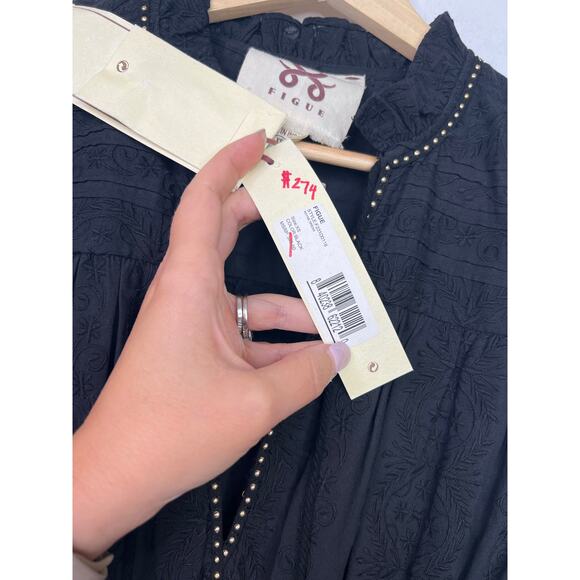 NWT Figue Rayne Long Sleeve Ruffle Black Embroidered Cotton Dress Size: XS - Picture 6 of 8